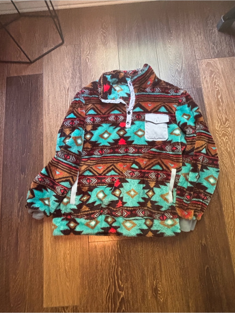 Men's Aztec Pattern Fleece Pullover Sweater - Turquoise & Brown